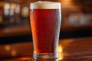 Cold glass of amber beer is standing on a wooden bar counter