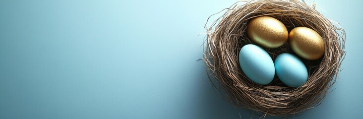 Obraz premium Colorful decorative eggs in a nest on a light blue background