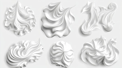 Whipped cream design elements for pastry isolated on transparent background. Vector realistic illustration of white creamy swirls, dairy curls, twirls, foam lines, sweet topping for cake, dessert