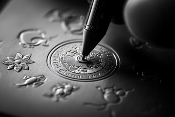Engraving custom nameplate with intricate designs and details. craftsman uses pen to create unique and personalized touch