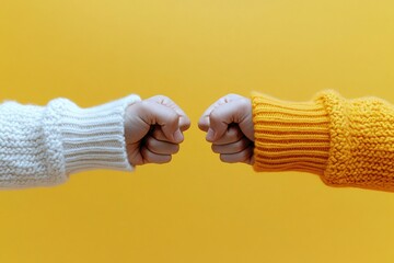 Two Knitted Hands Bumping Fists Against Yellow Background