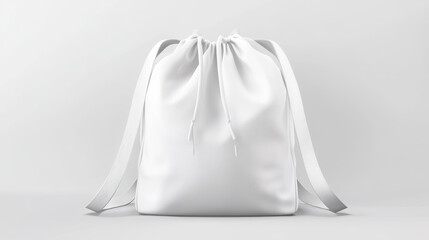 White backpack mockup with thin long drawstring for carrying gym clothes or school tools. Realistic 3d vector illustration set of blank soft fabric shoulder rucksack with string strap template.