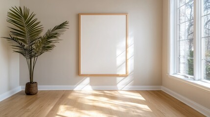 Obraz premium Empty room with large framed canvas, sunlight, corner plant. Possible use Interior design inspiration