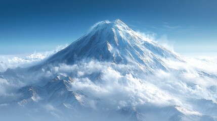 Ultra-detailed 3D Mount Fuji, with rolling mist wrapping around its lower slopes.