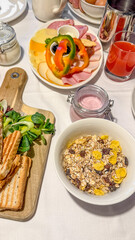 Delicious healthy breakfast with cereal, toast, and fresh juice, perfect for brunch, nutrition-focused morning meal
