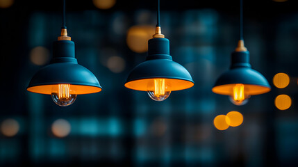 Obraz premium Three stylish dark teal pendant lights with warm Edison bulbs illuminate a blurred background, creating a cozy and atmospheric ambiance.
