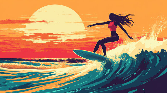 Summer cruise banner with surfer girl. Vector poster with special offer for travel tour to tropical sea with cartoon illustration of woman riding ocean wave on surf board