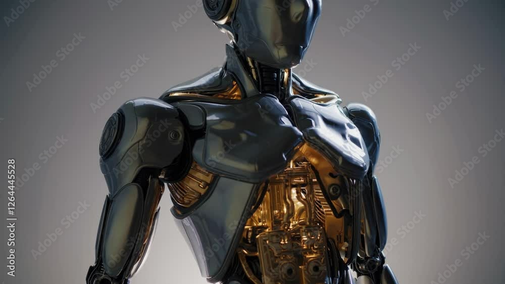 Poster Futuristic humanoid robot with a sleek porcelain-like face and exposed golden circuitry