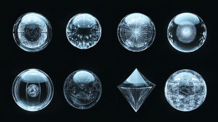 Force shield bubbles, various energy glowing spheres or defense dome fields. Science fiction deflector elements, firewall absolute protection isolated on black background, Realistic 3d vector set