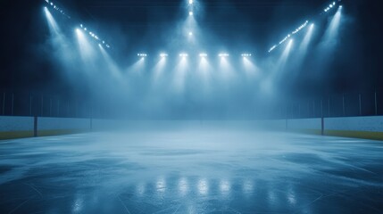 Empty ice rink with bright spotlights. Perfect for sports, winter, or hockey themes.