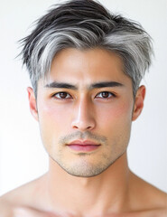 Obraz premium a handsome Japanese man with light gray hair in a short, fashionable hairstyle. He has smooth, white skin against a plain, white background.