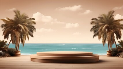 round podium banner with empty space, brown luxury sea view palm beach theme background, holiday banner poster background for advertisement ads