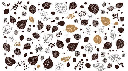 Fototapeta premium Assorted Autumn Leaves and Berries on White Backdrop Seasonal Pattern Design Sophisticated Simple Style