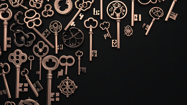 Assorted Antique Keys Collection Background for Mysteries Locked Secrets and Hidden Treasures 3D Render