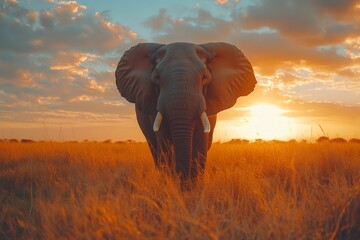 Obraz premium Majestic elephant standing in the african savanna at sunset
