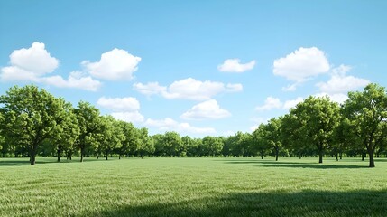 Lush Green Trees and Grassy Field under a Sunny Sky