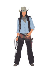 Cowgirl in traditional western clothes with cowboy hat, cowboy boots, bandana, gun and lasso. Wild west concept. Cartoon style vector realistic illustration isolated on transparent background.