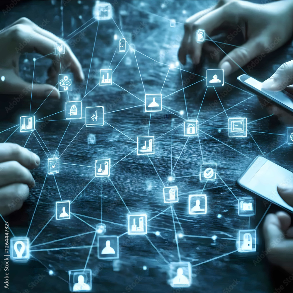 Wall mural people connecting using their smartphones in a technologic environment bitcoin technology blockchain