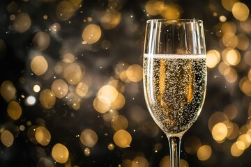 Glass of champagne with bubbles and gold sparkle on a reflective surface