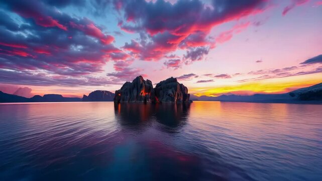 Sunset over a body of water with rocks in the fore