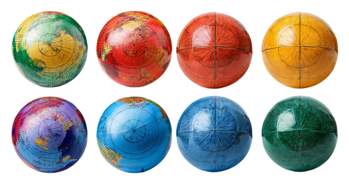 Colorful Globes Representing Different Continents and Oceans, isolated on transparent background
