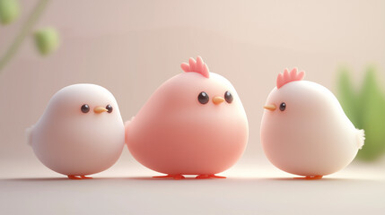 Three adorable cartoon chickens with big, shiny eyes and cheerful expressions create a playful and whimsical atmosphere that appeals to all ages and sparks joy.