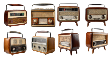 Vintage Classic Radio Collection with Wooden Finish and Retro Design, isolated on transparent background