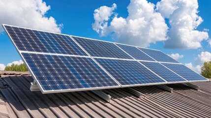 Solar panels on roof, blue sky, clouds, renewable energy, sustainable power