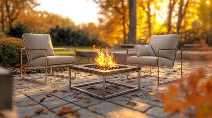 Fototapeta premium A stylish outdoor seating area featuring a contemporary fire pit, ideal for gatherings and enjoying the warmth of fire during colorful autumn evenings.