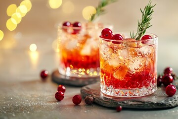 Two glasses of cranberry drink with cranberries and garnishes on a festive table setting