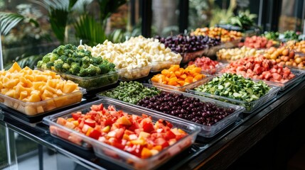 Colorful array of chopped fruits & vegetables in clear containers. Perfect for illustrating healthy eating, salad bars, or buffet spreads.