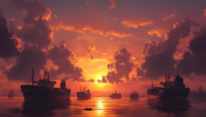 Fototapeta premium Sunset over harbor, ships at anchor, dramatic clouds