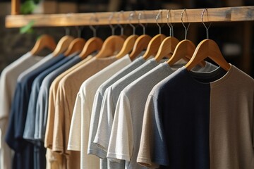 Row of Colorful T-Shirts Hanging on Wooden Rack
