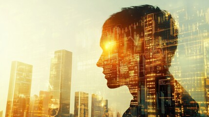 Forex trade market and development concept with growing digital candlestick and indicators on sunny skyscrapers background. Double exposure