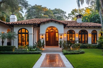 Fototapeta premium Luxurious Spanish Revival style house featuring clay tile roof, arched windows and lush landscaping at sunset