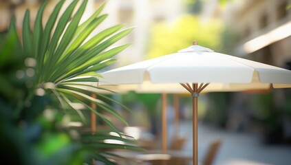 Relaxing Outdoor Cafe Scene with White Parasols
