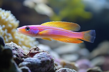 Obraz premium Colorful purple and orange fish swimming in coral reef aquarium