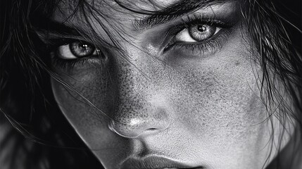 Obraz premium A Close Up Monochrome Portrait of a Young Womans Face