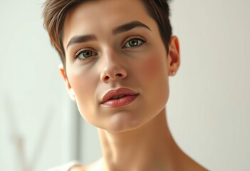 Photorealistic natural light portrait of a woman with masculine features