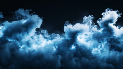 Fototapeta premium Realistic thunder light and blue smoke cloud bottom frame. Mysterious lightning glow border wide panoramic element. Fluffy magic spell mist glowing with bolt energy charge overlay turquoise design