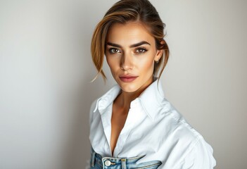 Photorealistic natural light portrait of a woman with masculine features