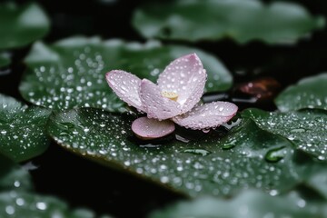 A delicate pink lotus flower with raindrops, resting on lush green lily pads in water.