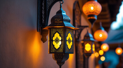 Traditional Moroccan Lanterns with Warm Golden Light – Festive Ramadan, Eid, and Oriental Decor Background