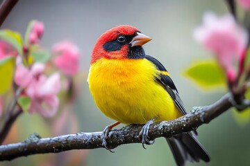 Obraz premium Yellow-breasted tanager perched on a branch in spring