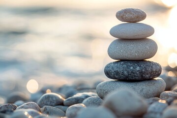 Stack of rocks on a beach with sunlight shining in the background and positive mindset theme