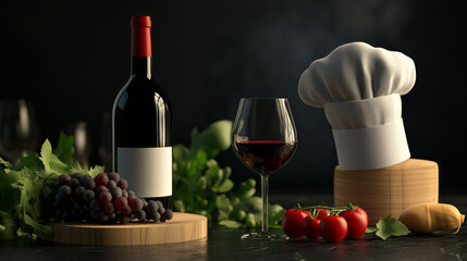 Restaurant 3d icons wine bottle, glass, chef toque