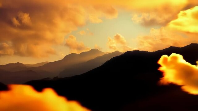 The sun is setting over the mountains in the distance, with clouds in the sky and a mountain range in the fore