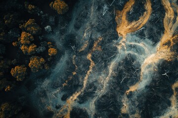 Obraz premium A drone image of deforestation and logging eating into the landscape