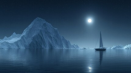 Arctic Seascape Night Sailboat Moonlit Icebergs Serene Glacial Waterscape Polar Exploration