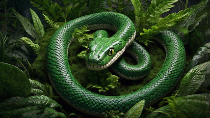 Fototapeta premium Fantustic Stunning 3D Realistic Green Snake in Lush Jungle – High-Detail Illustration